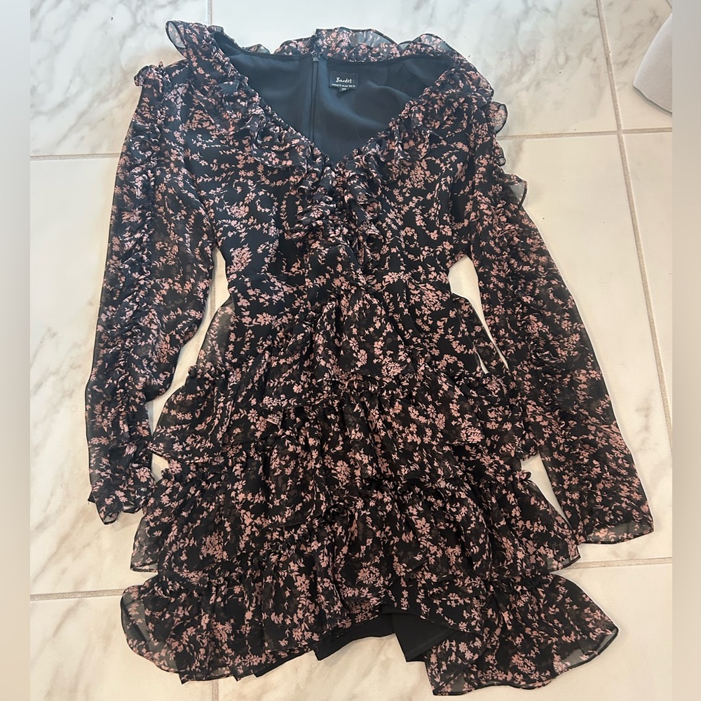 Bardot Black and Pink Ruffle Dress